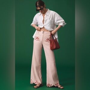 Anthropologie Pink Embroidered Flare Pants — 26 TALL